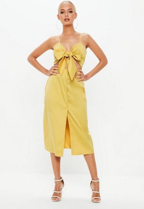 Mustard Tie Front Button Down Strappy Midi Dress, Mustard