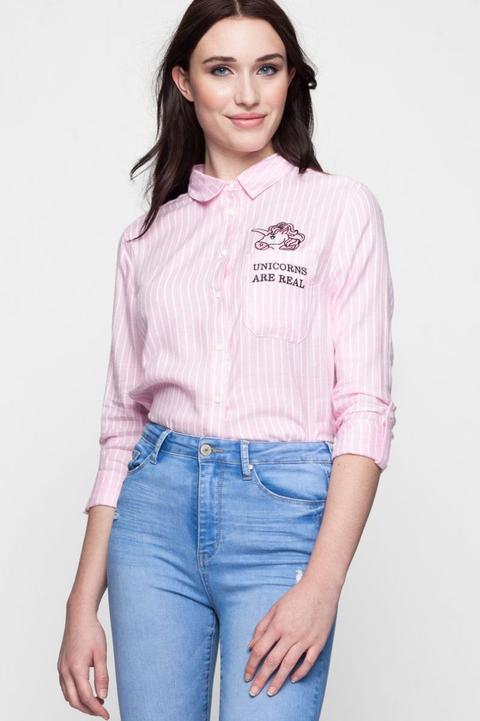 Camicia A Righe Bianche E Rosa Con Ricamo Unicorno