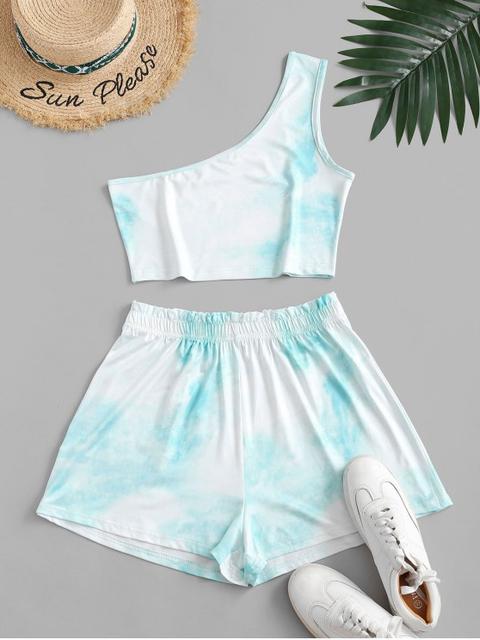 Cloud Tie Dye Frilled One Shoulder Two Piece Set Light Pink Light Slate