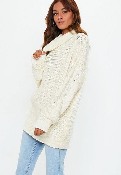 Cream Roll Neck Cable Longline Jumper, Cream