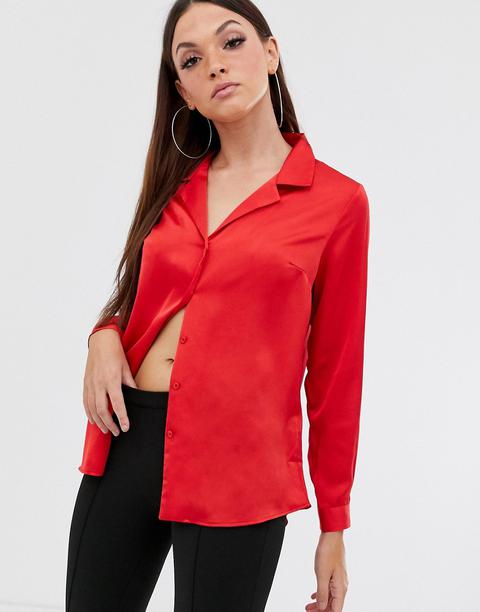 Asos Design - Chemise Manches Longues Décontractée En Satin-rouge