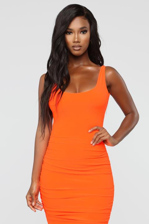 neon orange ruched dress