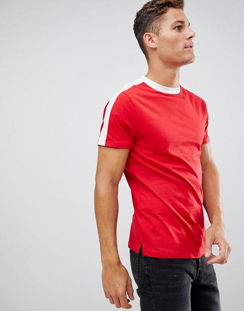 New Look - T-shirt Rossa Con Riga Sulle Maniche - Rosso