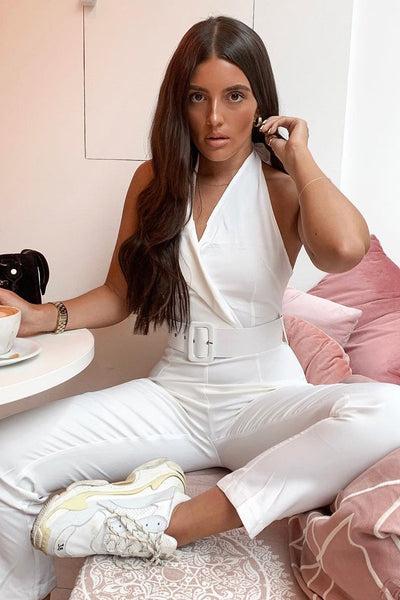 White Plunge Front Belted Jumpsuit - Mykel