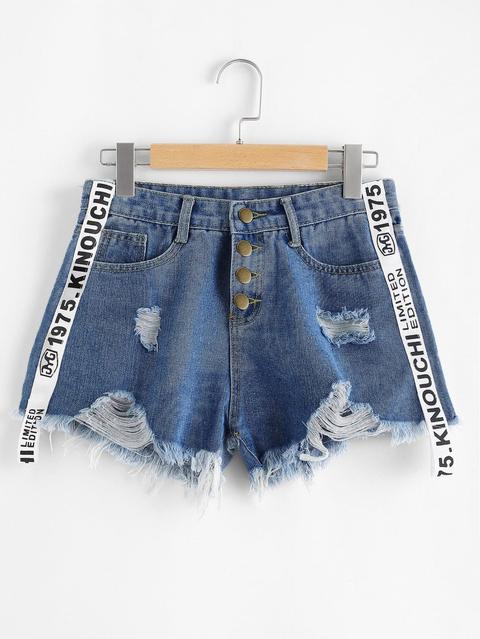 Shorts Denim Bajo Crudo Rotos Con Cinta Con Letra En Contraste