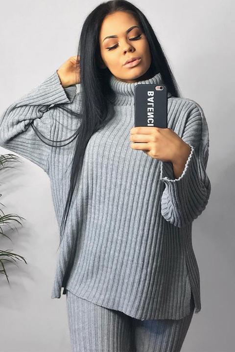 Grey Knitted Rib Long Sleeve Co-ord Set