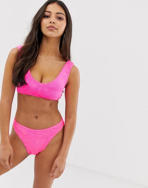 Asos Design Charlotte Pink Fuller Bust Mix And Match Crinkle V Front Crop Bikini Top Dd-g