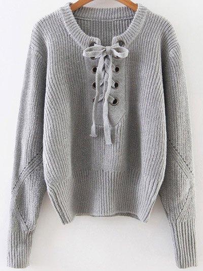 Crew Neck Lace Up Ribbed Jumper