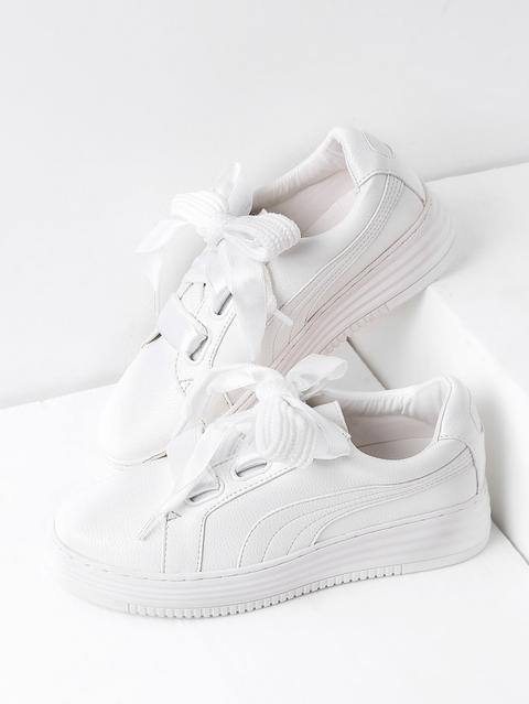 White Lace Up Faux Leather Sneakers