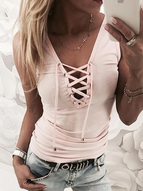 Solid Lace Up Eyelet Tank Top