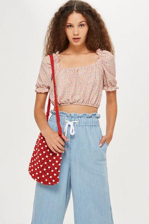 Womens Tall Gypsy Puff Cropped Top - Pink, Pink