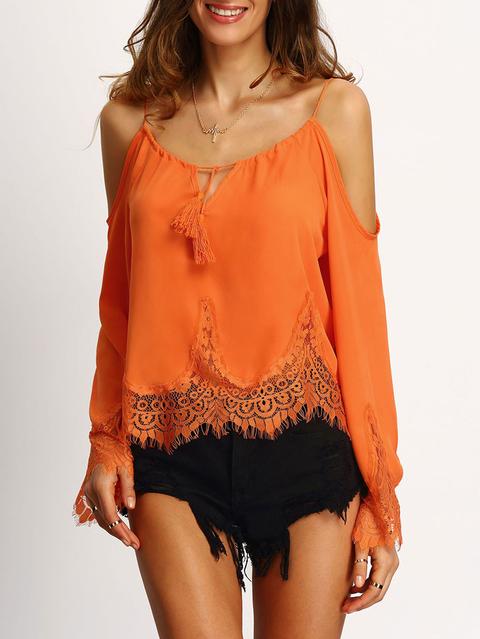 Orange Cold Shoulder Bell Sleeve Lace Trim Blouse