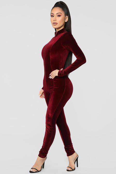 burgundy velvet jumpsuit