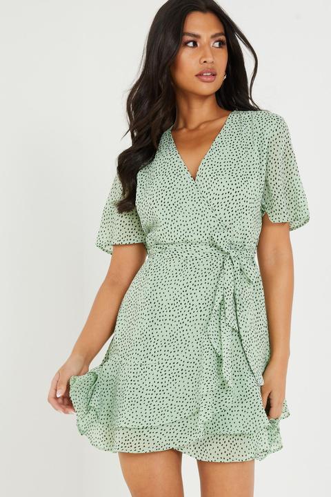 Green & Black Dalmatian Print Wrap Dress