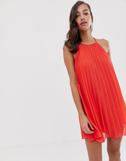 Asos Design - Vestitino A Trapezio A Pieghe Con Allacciatura Sul Retro - Rosso