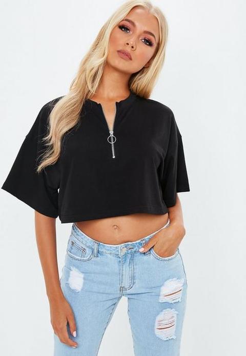 Black Zip Front Boxy Crop Top, Black