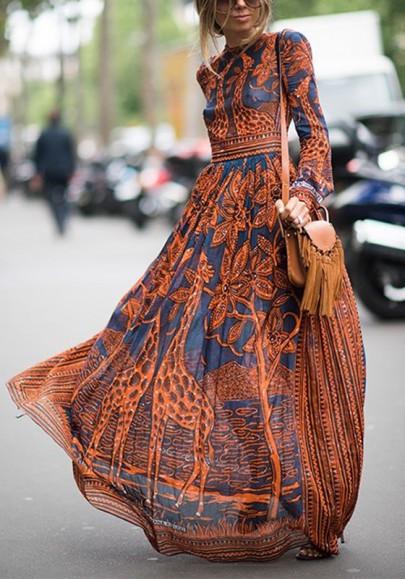 Orange Floral Round Neck Long Sleeve Bohemian Maxi Dress