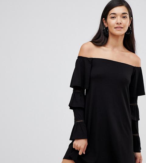 Asos Design Tall - Vestitino Con Spalle Scoperte E Maniche A Volant - Nero