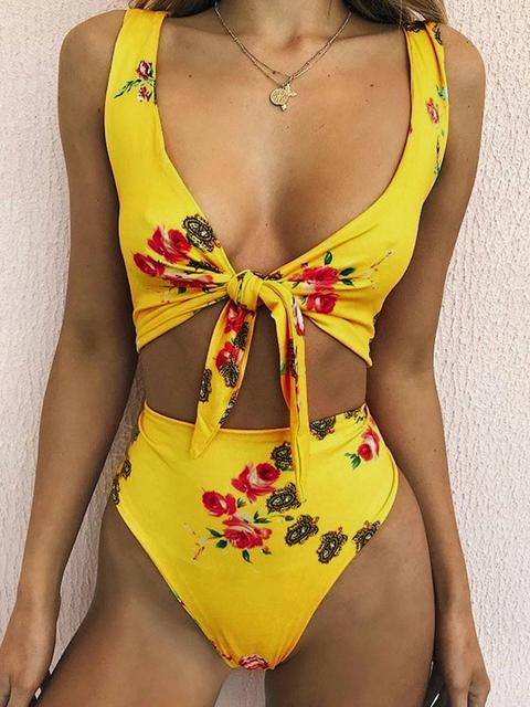 Floral Print Knotted Front Bikini Swimsuit