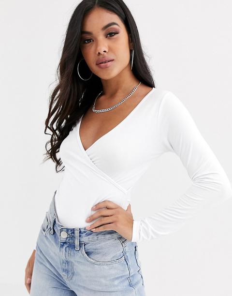 Asos Design Deep Wrap Top In White