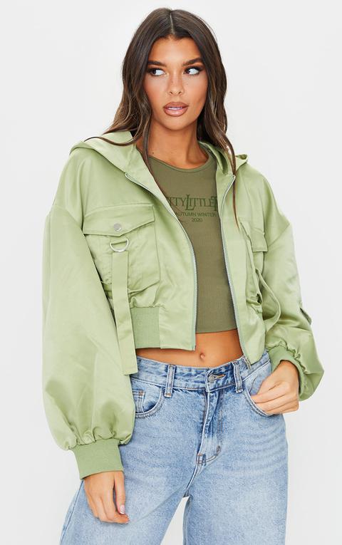 Sage Green Balloon Sleeve Pocket Front Cropped Bomber Jacket