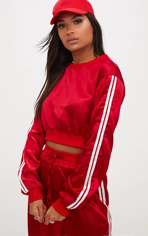 Red Satin Sporty Trim Sweater, Red