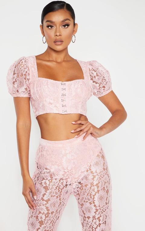 Baby Pink Lace Puff Sleeve Hook & Eye Crop Top