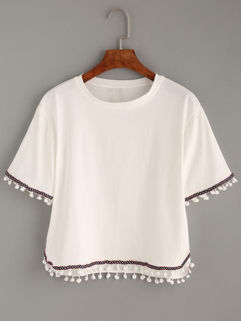 White Embroidered Tape Trimmed T-shirt