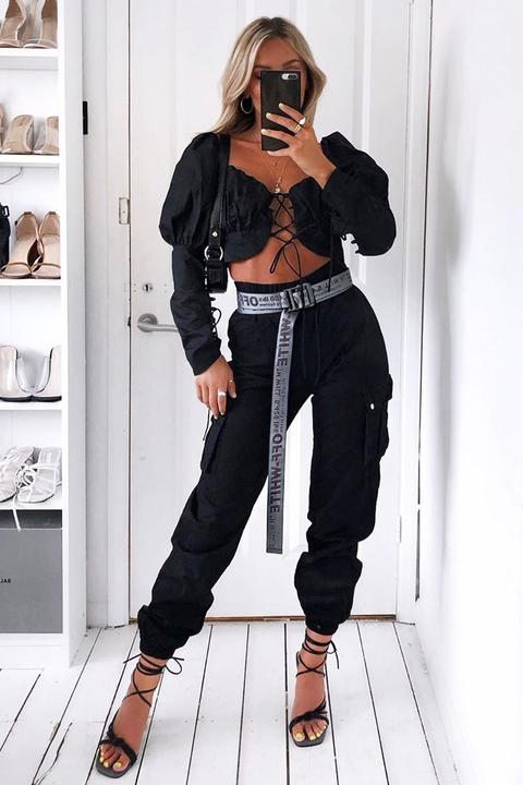 Black Lace Up Front And Sleeves Milkmaid Crop Top - Zyria