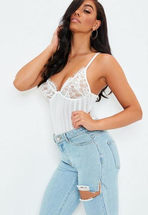 White Lace Striped Detail Cupped Bodysuit, Cream