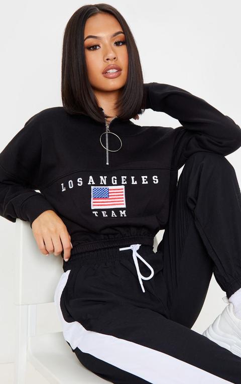 Black Los Angeles Embroidered Usa Zip Sweater