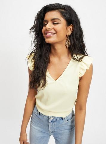 Womens Petite Yellow Ruffle Hem Top, Yellow