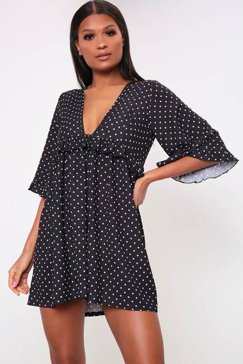 Black Polka Dot Print Plunge Smock Dress