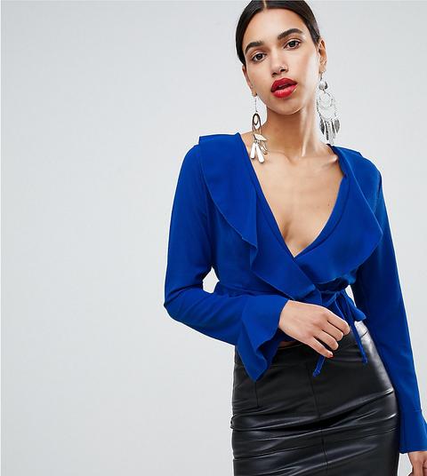 Boohoo - Blusa A Portafoglio Con Volant - Blu