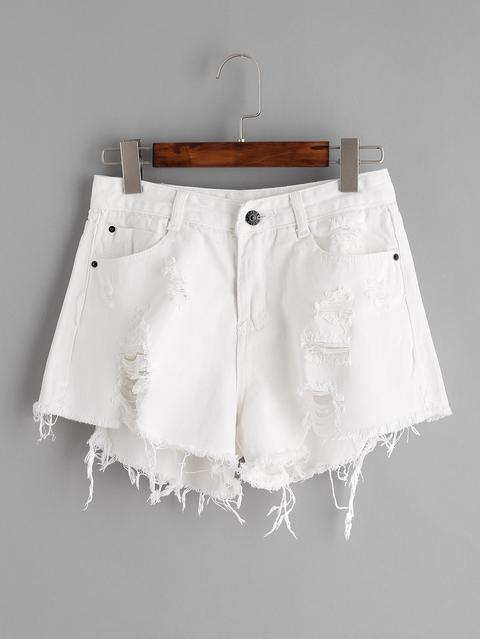 White Ripped Raw Hem Denim Shorts