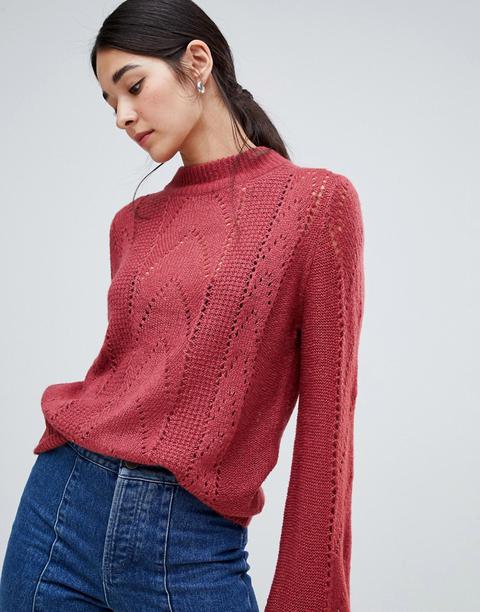 Vila Open Knit Cable Knit High Neck Jumper-red