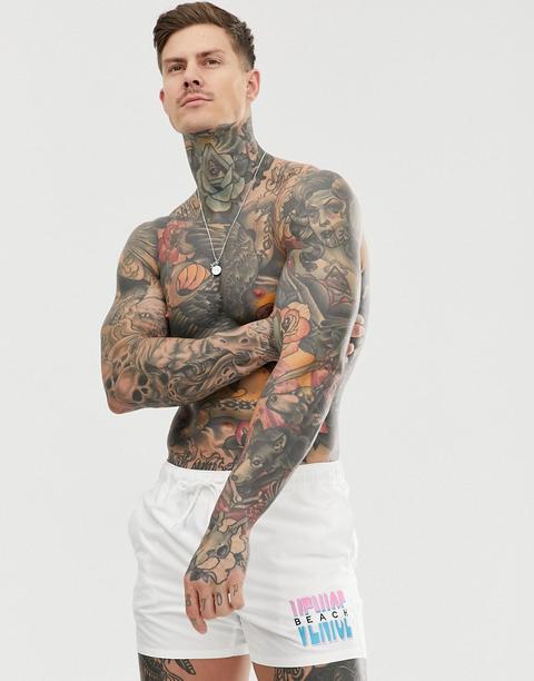 Asos Design - Pantaloncini Da Bagno Bianchi Corti Con Ricamo "venice Beach - Bianco
