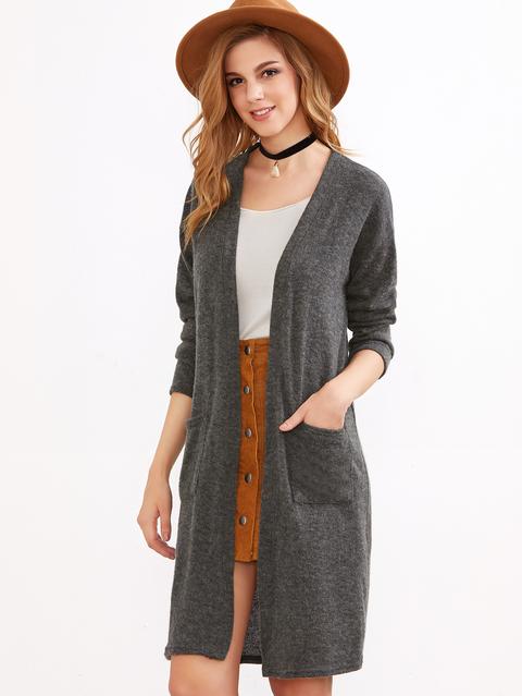 Dark Grey Drop Shoulder Open Front Cardigan