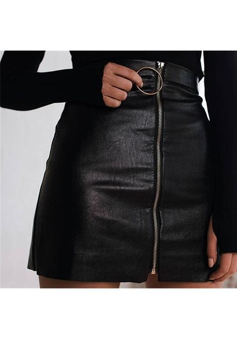 Black Plain Zipper Pu Leather Fashion Slim Skirt