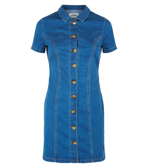 Blue Rinse Wash Button Up Denim Mini Dress New Look