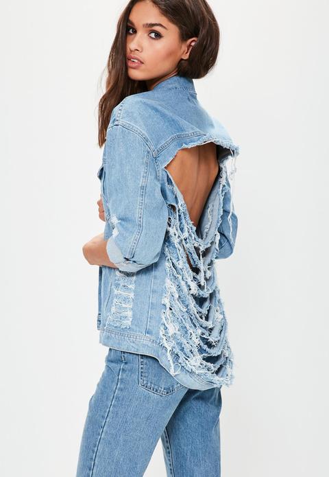 Light Blue Back Shredded Denim Jacket, Blue