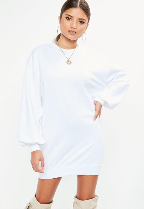 White Balloon Sleeve Sweater Dress, White