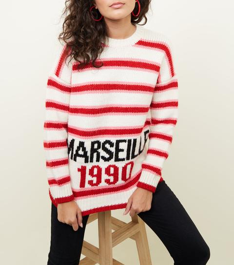 Off White Stripe Marseille Slogan Jumper New Look