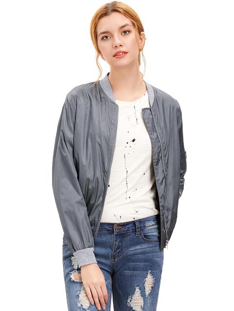 Grey Long Sleeve Zipper Pockets Jacket