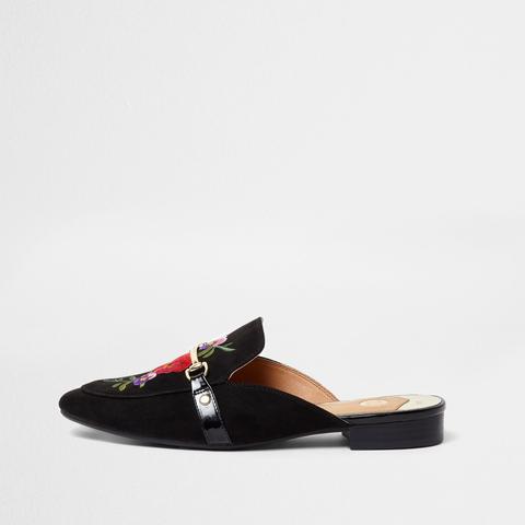 Black Floral Backless Loafers