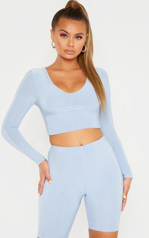 Baby Blue Mix & Match Second Skin Long Sleeve V Neck Crop Top