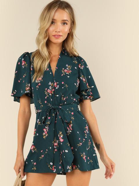 Plunge Neck Flounce Sleeve Belted Ditsy Romper