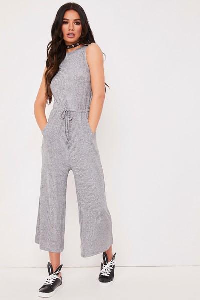 Jackie Grey Ribbed Sleeveless Culotte Jumpsuit