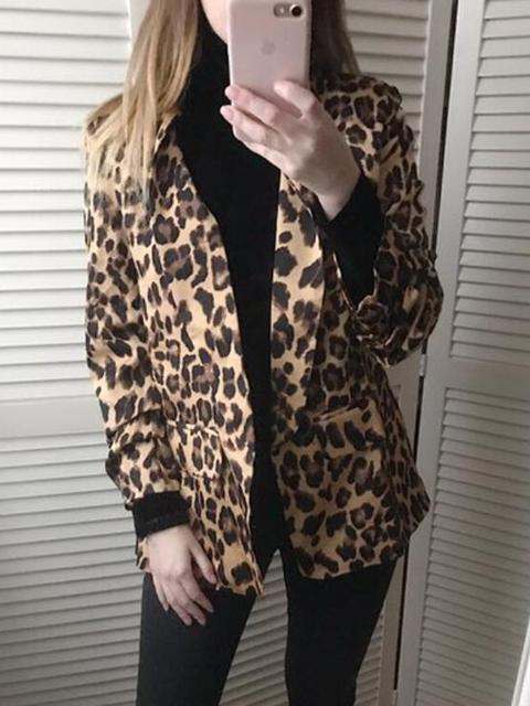 Khaki Leopard Print Pockets V-neck Long Sleeve Fashion Blazer
