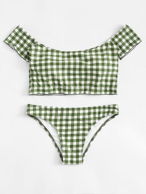 Conjunto De Bikini De Cuadros Con Hombros Al Descubierto